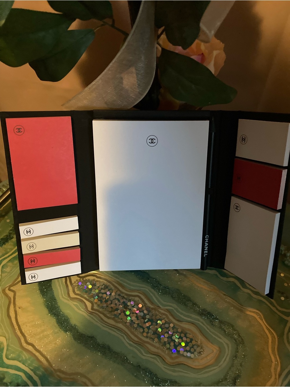 CHANEL Black Folio with White and Red Notepads